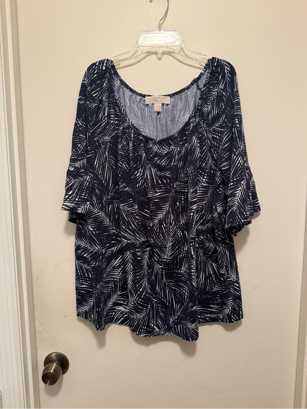 Michael Kors Women's Knit Navy Palm-Print Scoop Neck Top Size 2X